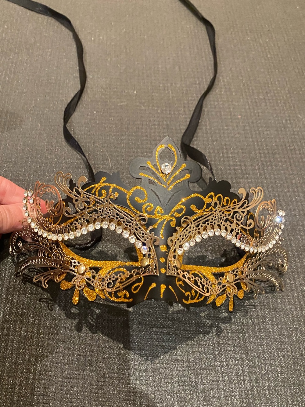 Like New. Stunning Black and Gold Venetian Masquerade Mask with Rhinestones